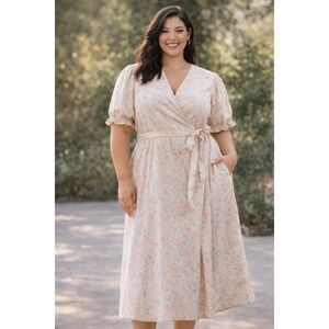 Universal Thread Floral Wrap Dress XL Cream Pink Blue Puff Sleeve Midi NWT